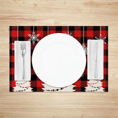 Aperturee - Aperturee Christmas Set of 4 Placemats Red Buffalo Plaid with White Trees Hanging Snowflakes Holiday Table Mats