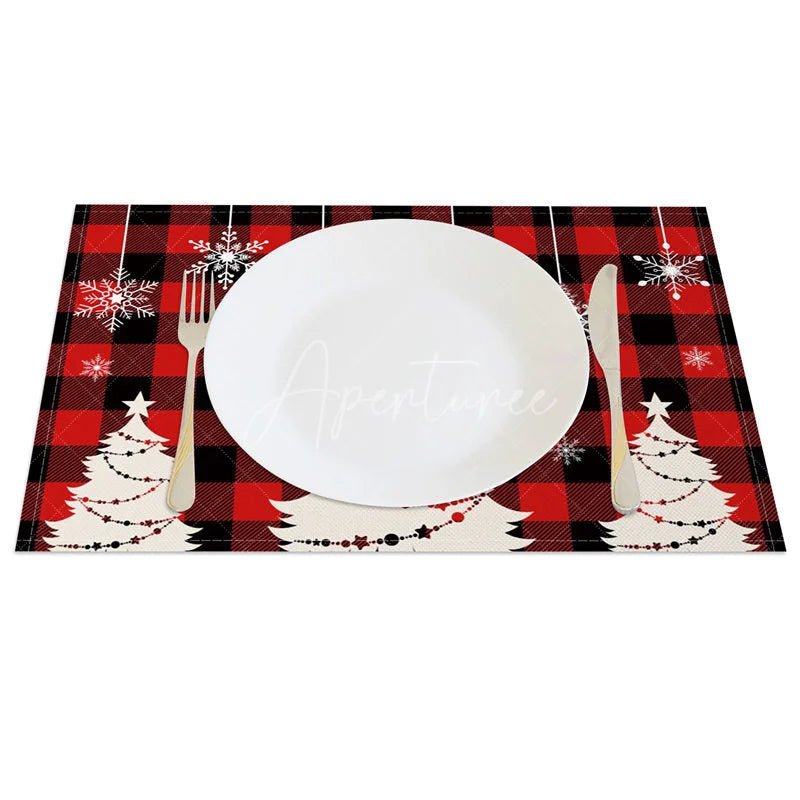 Aperturee - Aperturee Christmas Set of 4 Placemats Red Buffalo Plaid with White Trees Hanging Snowflakes Holiday Table Mats