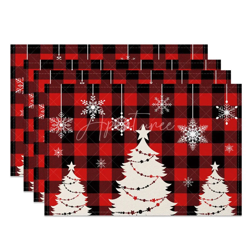 Aperturee - Aperturee Christmas Set of 4 Placemats Red Buffalo Plaid with White Trees Hanging Snowflakes Holiday Table Mats