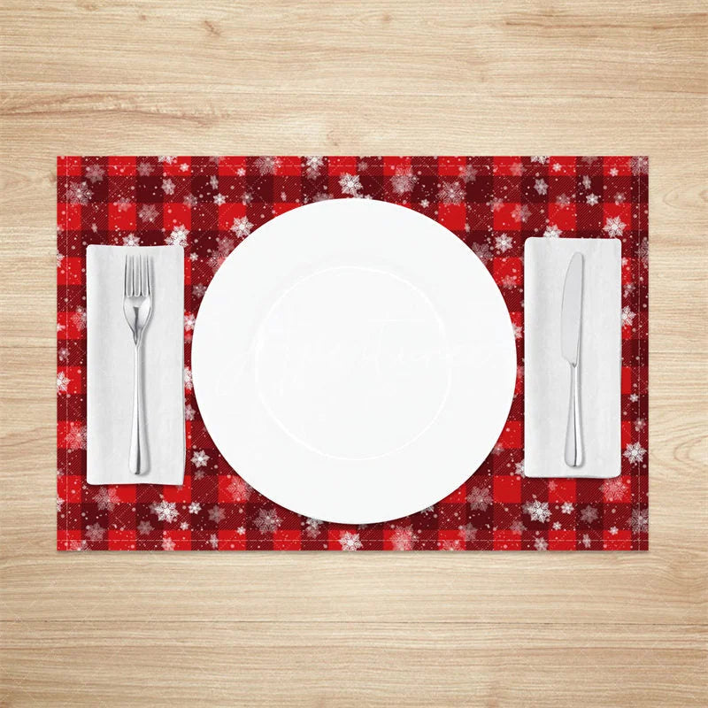 Aperturee - Aperturee Christmas Set of 4 Placemats Red Plaid Check with Snowflakes Rustic Farmhouse Winter Table Mats