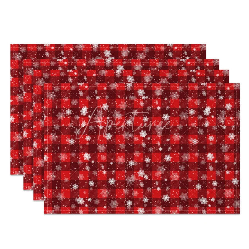 Aperturee - Aperturee Christmas Set of 4 Placemats Red Plaid Check with Snowflakes Rustic Farmhouse Winter Table Mats