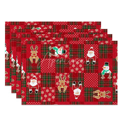 Aperturee - Aperturee Christmas Set of 4 Placemats Red Plaid Patchwork with Santa Reindeer Festive Holiday Table Mats Decor