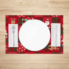 Aperturee - Aperturee Christmas Set of 4 Placemats Red Plaid Patchwork with Santa Reindeer Festive Holiday Table Mats Decor