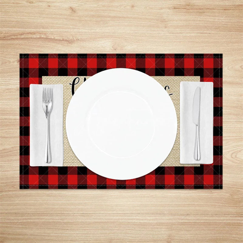 Aperturee - Aperturee Christmas Set of 4 Placemats Red Truck with Trees on Burlap Red Buffalo Plaid Check Border Table Mats