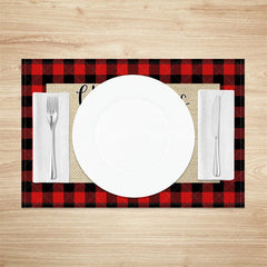 Aperturee - Aperturee Christmas Set of 4 Placemats Red Truck with Trees on Burlap Red Buffalo Plaid Check Border Table Mats