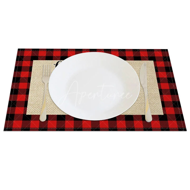 Aperturee - Aperturee Christmas Set of 4 Placemats Red Truck with Trees on Burlap Red Buffalo Plaid Check Border Table Mats