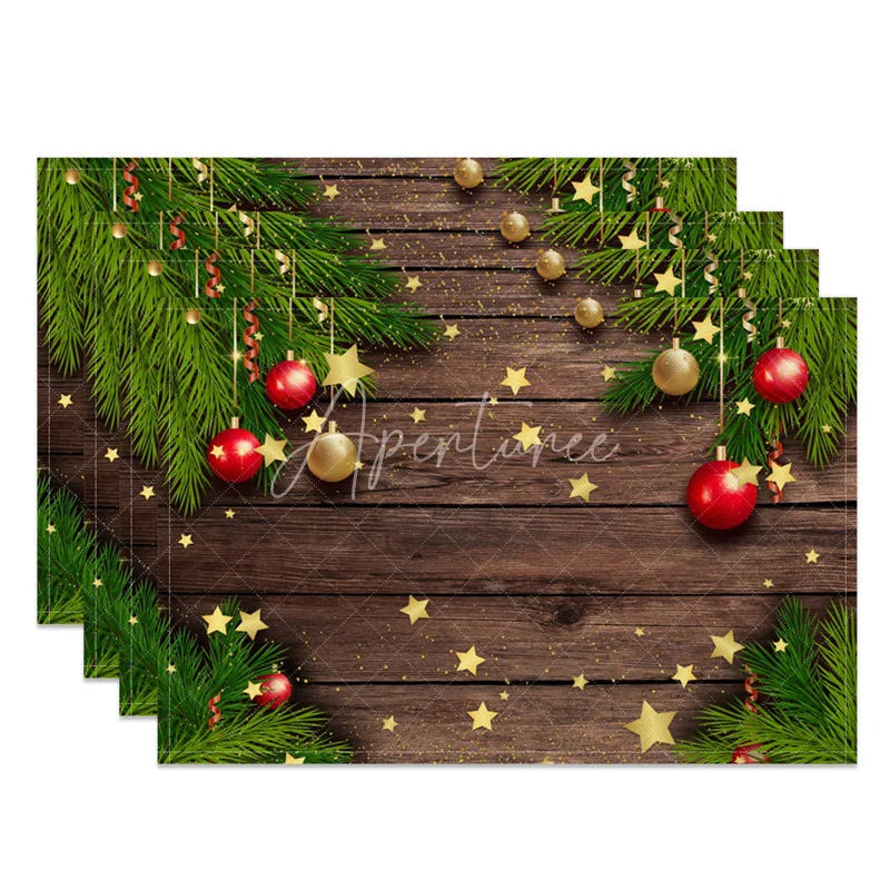 Aperturee - Aperturee Christmas Set of 4 Placemats Rustic Wood with Pine Garland Ornaments and Stars Holiday Table Mats