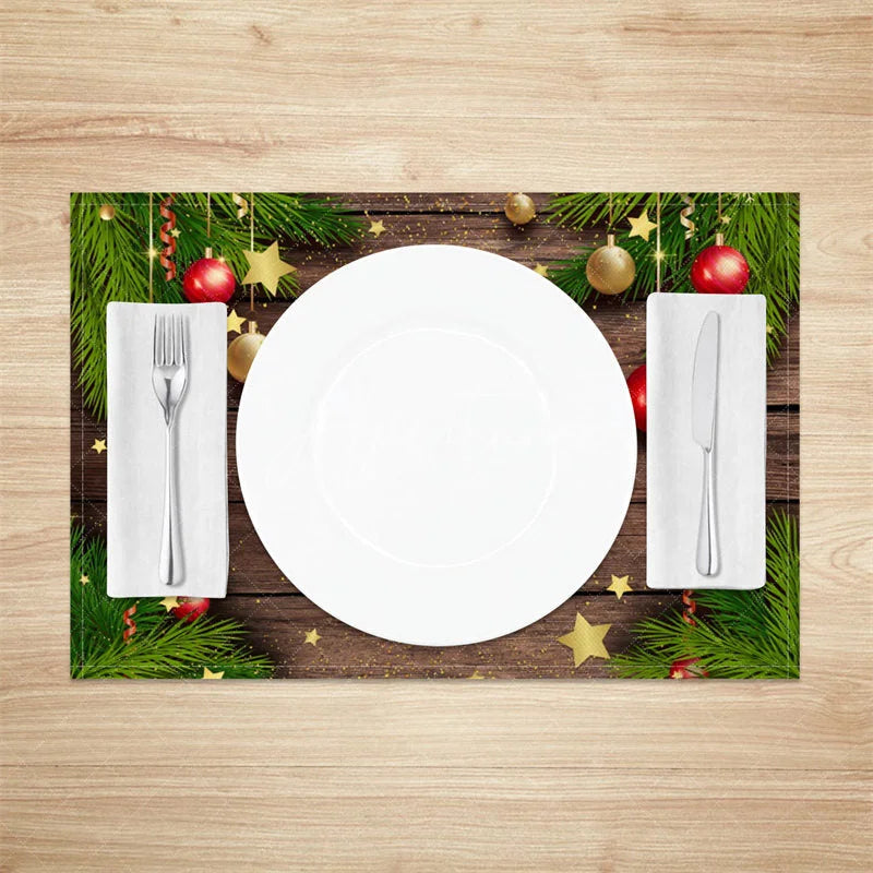 Aperturee - Aperturee Christmas Set of 4 Placemats Rustic Wood with Pine Garland Ornaments and Stars Holiday Table Mats