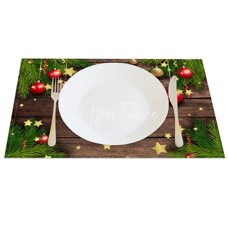 Aperturee - Aperturee Christmas Set of 4 Placemats Rustic Wood with Pine Garland Ornaments and Stars Holiday Table Mats