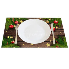 Aperturee - Aperturee Christmas Set of 4 Placemats Rustic Wood with Pine Garland Ornaments and Stars Holiday Table Mats