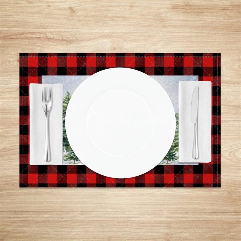 Aperturee - Aperturee Christmas Set of 4 Placemats Vintage Red Truck with Gifts Red Buffalo Plaid Border Table Mats