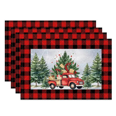 Aperturee - Aperturee Christmas Set of 4 Placemats Vintage Red Truck with Gifts Red Buffalo Plaid Border Table Mats