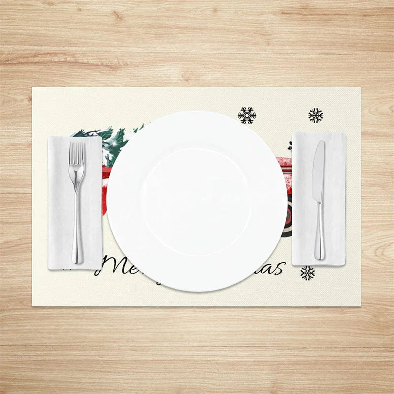 Aperturee - Aperturee Christmas Set of 4 Placemats Vintage Red Truck with Tree Farmhouse Merry Christmas Table Mats