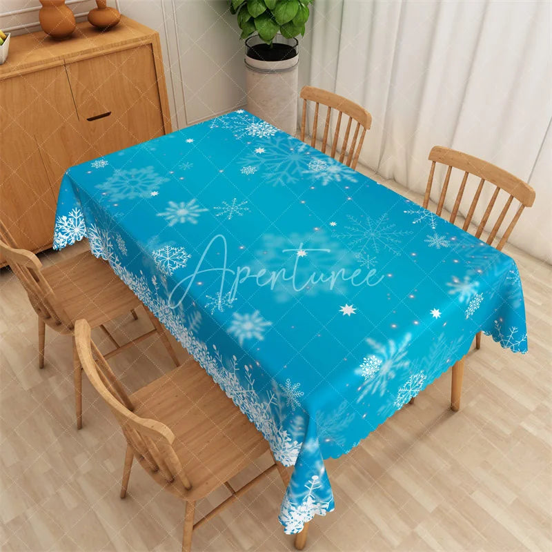 Aperturee - Aperturee Christmas Snowflake Rectangle Tablecloth Bright Blue with White Snowflakes Winter Holiday Table Cover