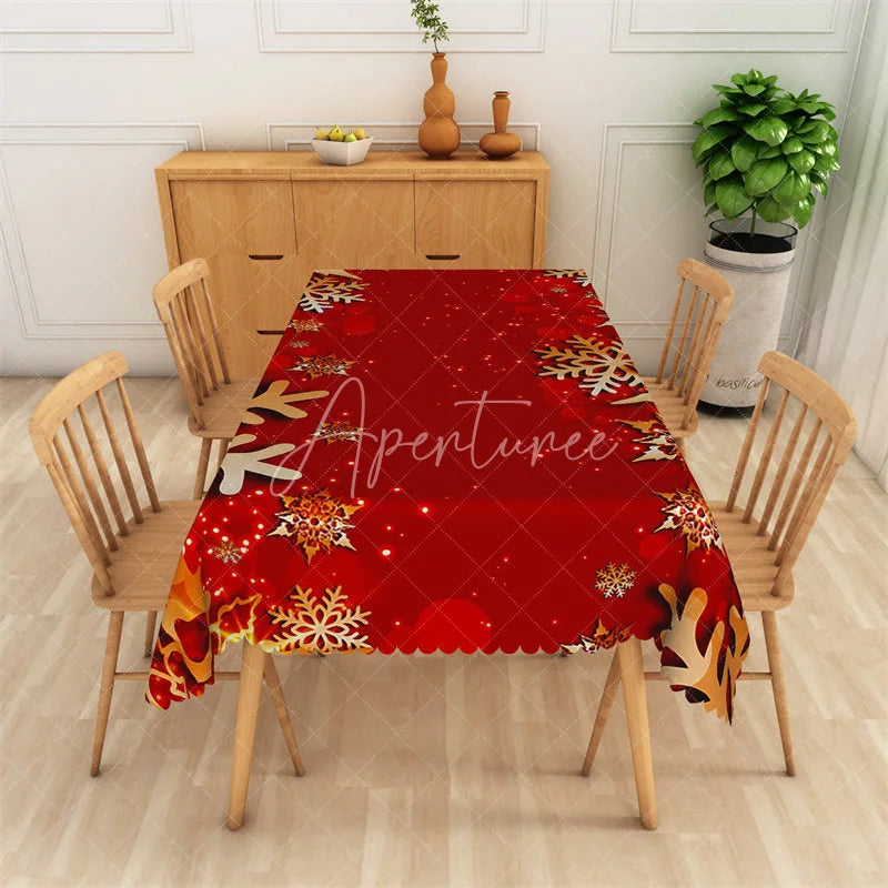 Aperturee - Aperturee Christmas Snowflake Rectangle Tablecloth Red with Gold and White Snowflakes Sparkling Holiday Table Cover