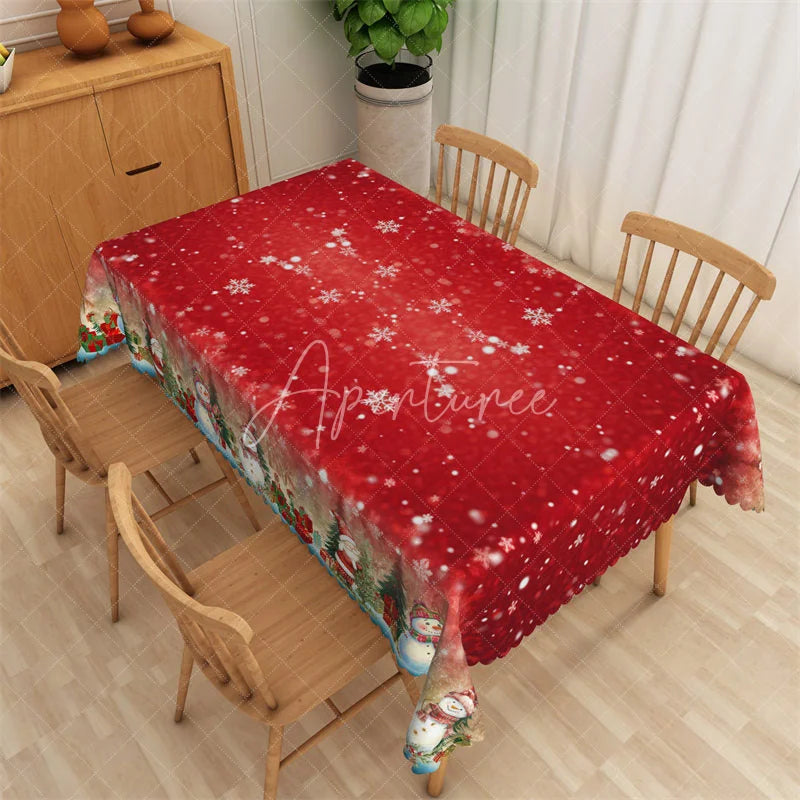 Aperturee - Aperturee Christmas Snowflake Rectangle Tablecloth Red with Snowman Border Winter Holiday Table Cover Decor