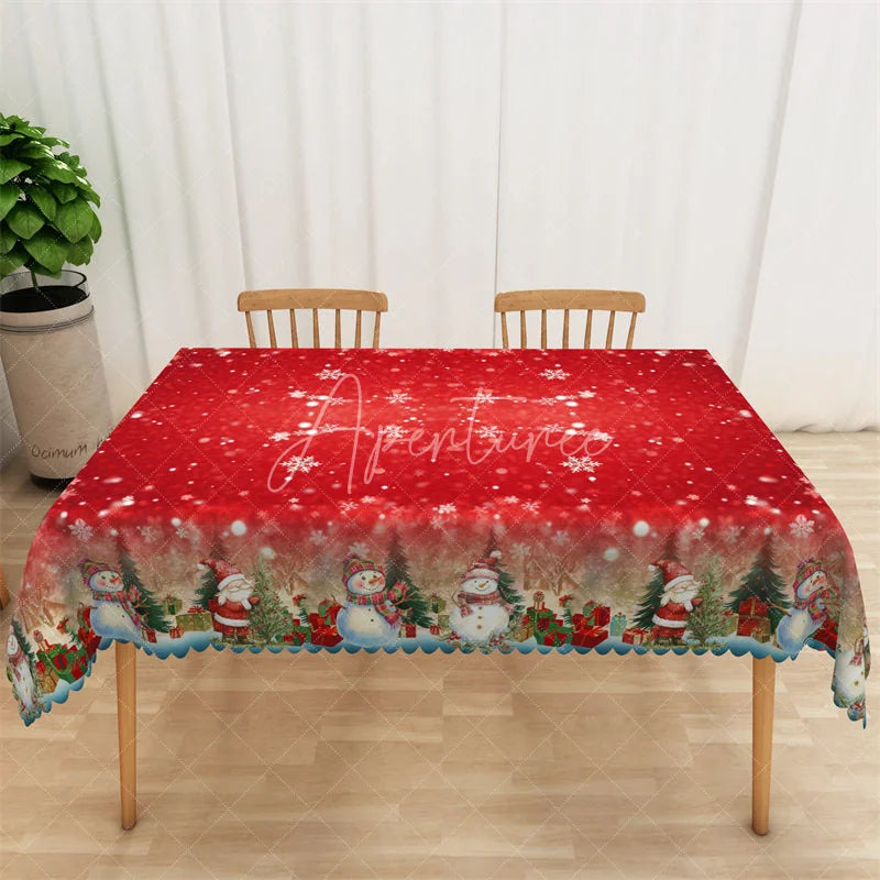 Aperturee - Aperturee Christmas Snowflake Rectangle Tablecloth Red with Snowman Border Winter Holiday Table Cover Decor