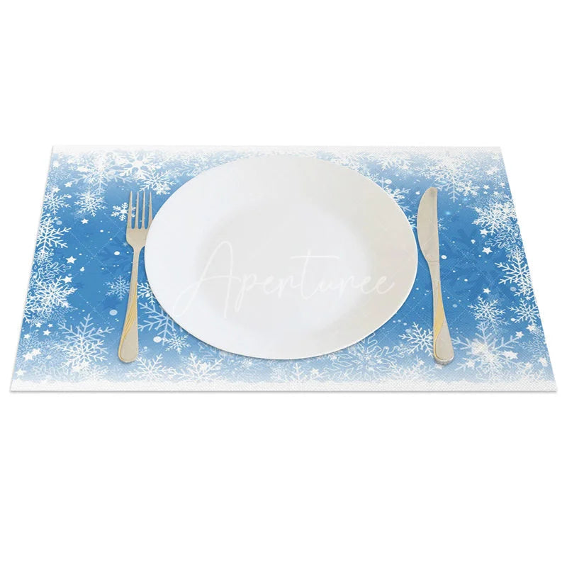 Aperturee - Aperturee Christmas Snowflake Set of 4 Placemats Blue and White Winter Frozen Holiday Table Mats Decor