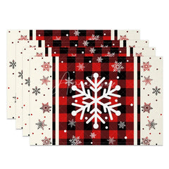 Aperturee - Aperturee Christmas Snowflake Set of 4 Placemats Red Buffalo Plaid Farmhouse Winter Holiday Table Mats