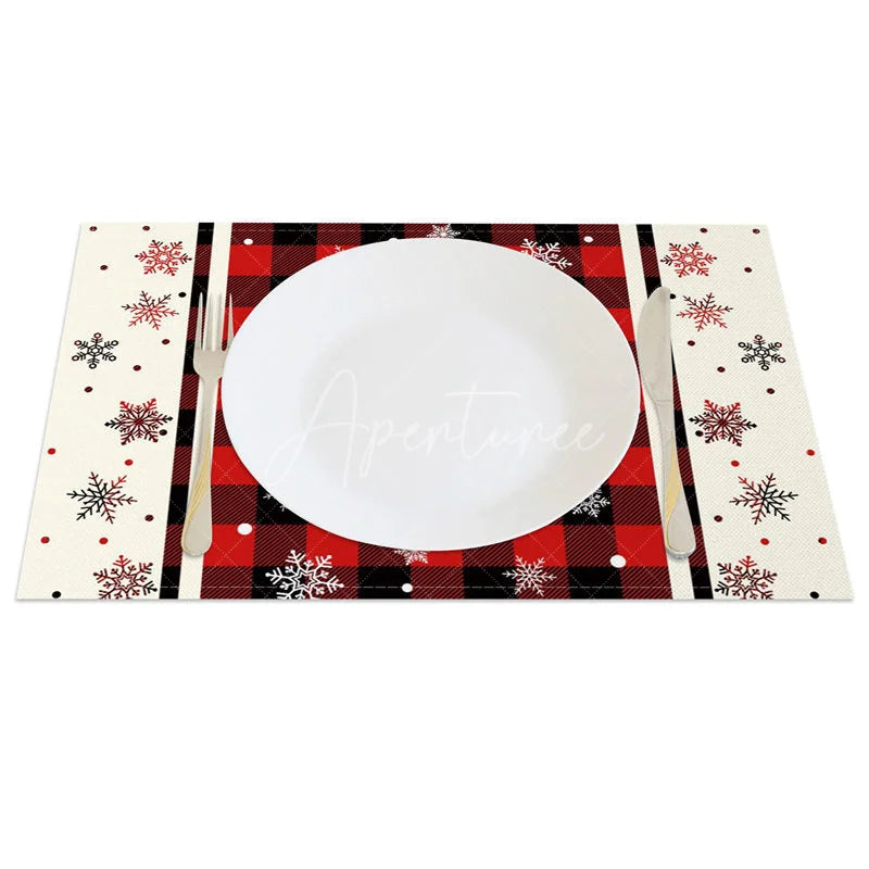 Aperturee - Aperturee Christmas Snowflake Set of 4 Placemats Red Buffalo Plaid Farmhouse Winter Holiday Table Mats