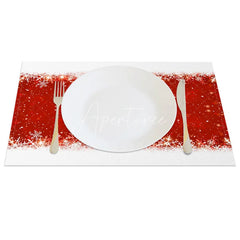 Aperturee - Aperturee Christmas Snowflake Set of 4 Placemats Red Sparkle Center with White Border Holiday Table Mats