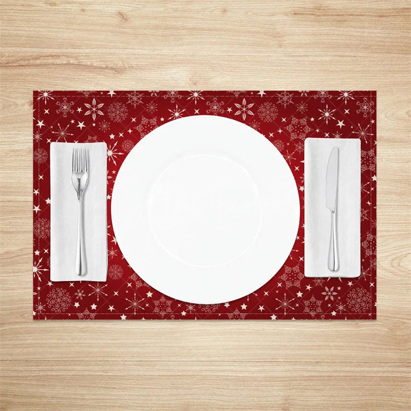Aperturee - Aperturee Christmas Snowflake Set of 4 Placemats Red with White Snowflakes Winter Stars Holiday Table Mats