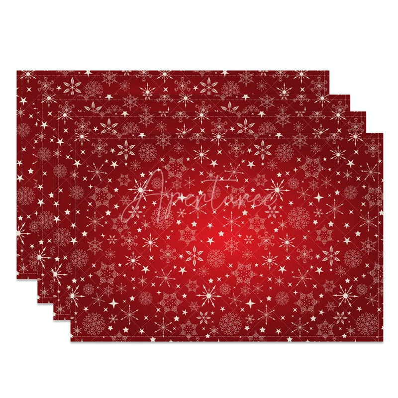 Aperturee - Aperturee Christmas Snowflake Set of 4 Placemats Red with White Snowflakes Winter Stars Holiday Table Mats