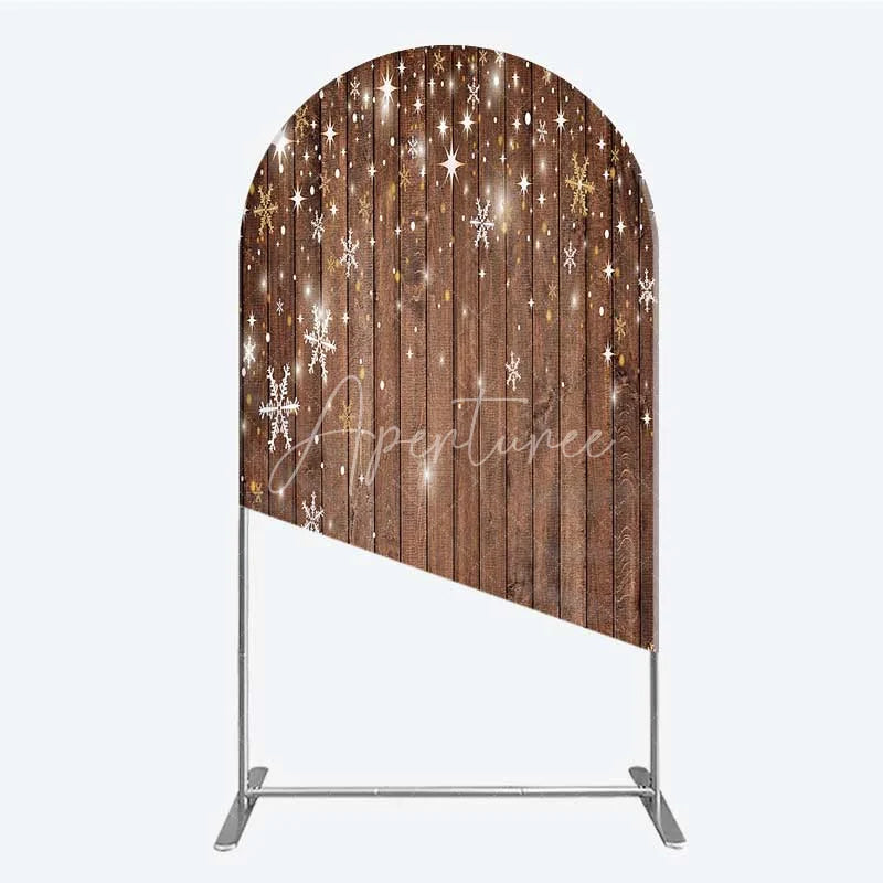 Aperturee - Aperturee Christmas Snowflakes Arch Backdrop Rustic Brown Wood and Sparkling Stars Background Winter Holiday Party Decoration