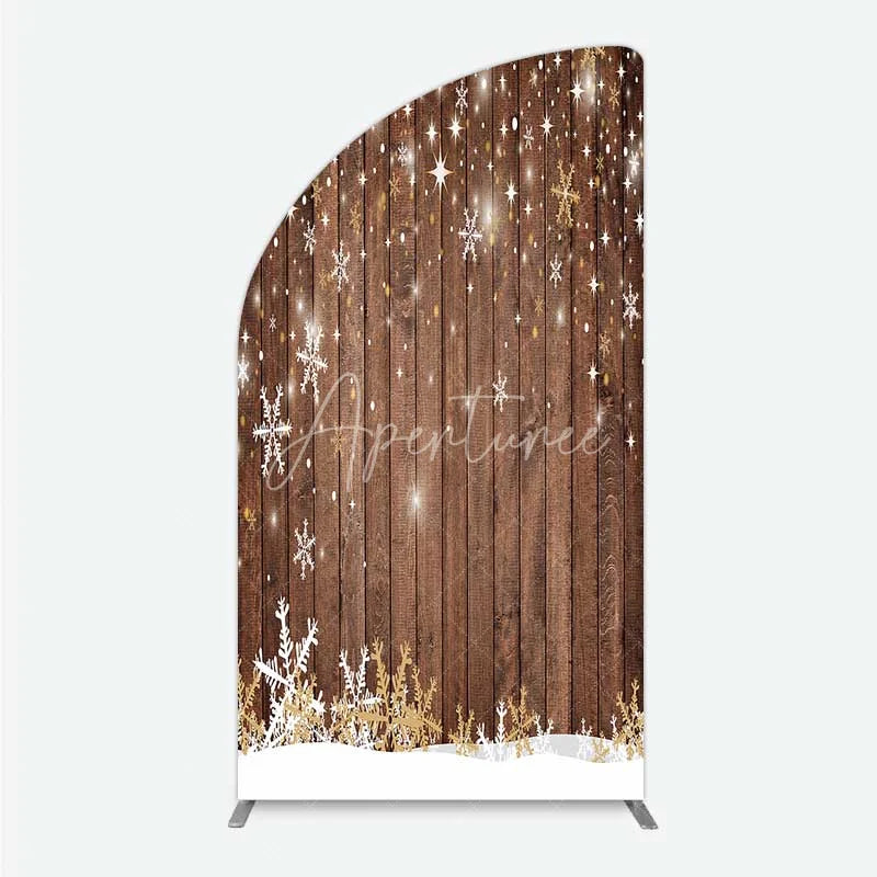 Aperturee - Aperturee Christmas Snowflakes Half Moon Arch Backdrop Rustic Brown Wood and Sparkling Stars Background Winter Holiday Party