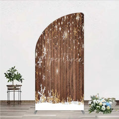 Aperturee - Aperturee Christmas Snowflakes Half Moon Arch Backdrop Rustic Brown Wood and Sparkling Stars Background Winter Holiday Party