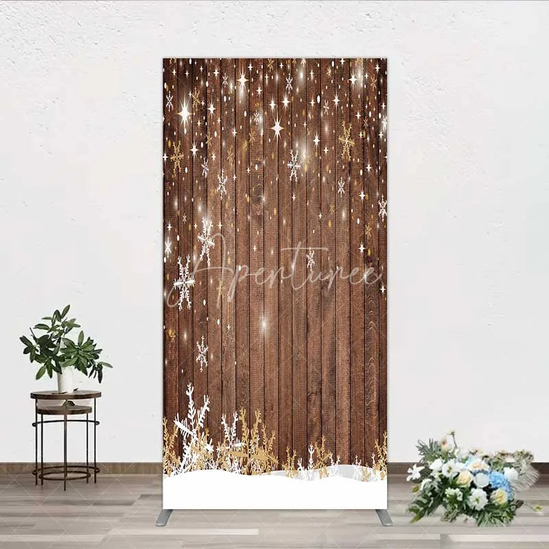 Aperturee - Aperturee Christmas Snowflakes Rectangle Backdrop Rustic Brown Wood and Sparkling Stars Background Winter Holiday Party