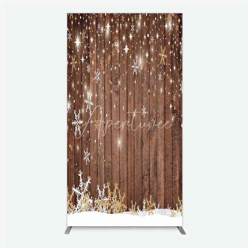 Aperturee - Aperturee Christmas Snowflakes Rectangle Backdrop Rustic Brown Wood and Sparkling Stars Background Winter Holiday Party