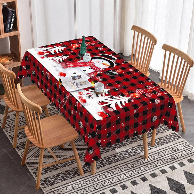 Aperturee - Aperturee Christmas Snowman Buffalo Plaid Rectangle Tablecloth Red Black Check Winter Table Cover Xmas Holiday Party Decor