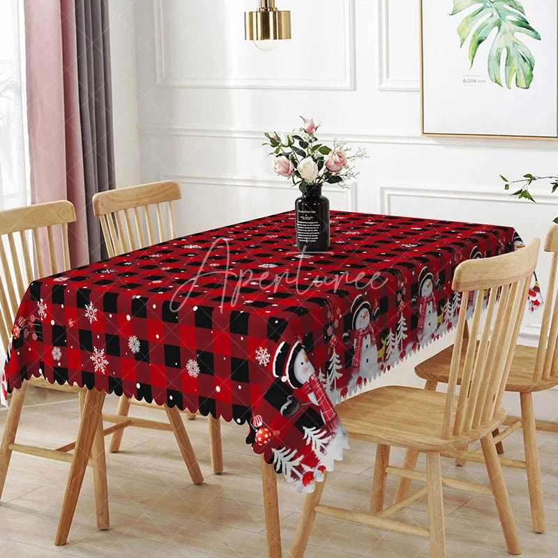 Aperturee - Aperturee Christmas Snowman Pattern Rectangle Tablecloth Red Black Buffalo Plaid Table Cover Winter Holiday Home Decor