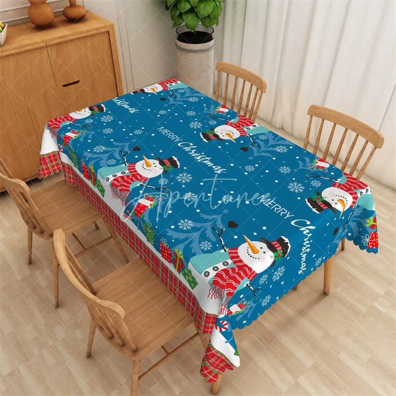 Aperturee - Aperturee Christmas Snowman Rectangle Tablecloth Blue with Merry Christmas Text Snowflake Holiday Table Cover