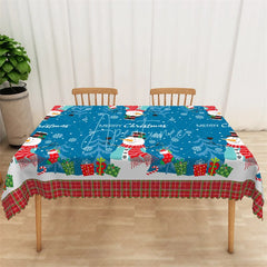Aperturee - Aperturee Christmas Snowman Rectangle Tablecloth Blue with Merry Christmas Text Snowflake Holiday Table Cover