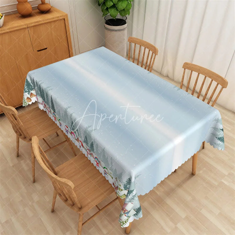 Aperturee - Aperturee Christmas Snowman Rectangle Tablecloth Light Blue Winter Scene Snowy Holiday Table Cover Decor