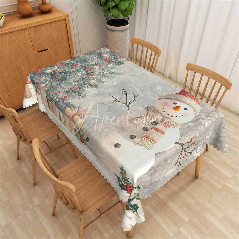 Aperturee - Aperturee Christmas Snowman Rectangle Tablecloth Winter Scene with Pine Trees Holiday Gifts Table Cover Decor