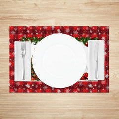 Aperturee - Aperturee Christmas Snowman Set of 4 Placemats Red Plaid Snowflake Border Winter Holiday Table Mats