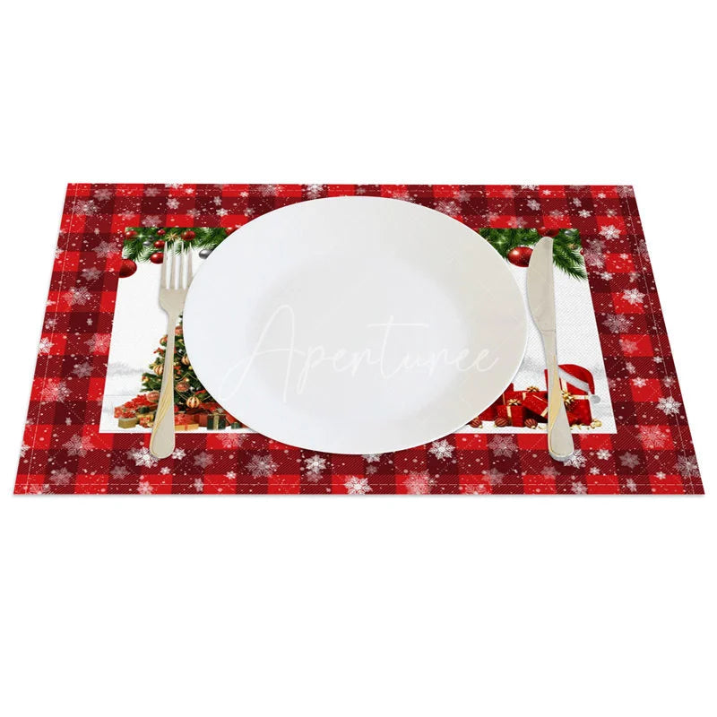 Aperturee - Aperturee Christmas Snowman Set of 4 Placemats Red Plaid Snowflake Border Winter Holiday Table Mats