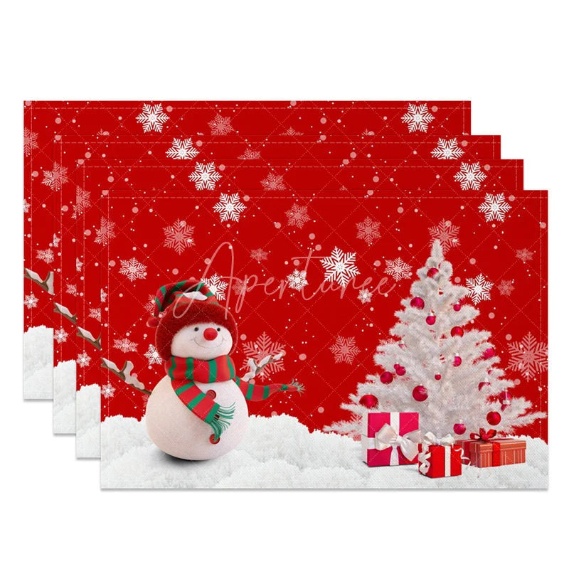 Aperturee - Aperturee Christmas Snowman Set of 4 Placemats Red Snowflake with White Xmas Tree Winter Holiday Table Mats Decor
