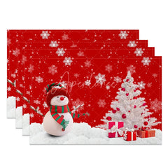 Aperturee - Aperturee Christmas Snowman Set of 4 Placemats Red Snowflake with White Xmas Tree Winter Holiday Table Mats Decor