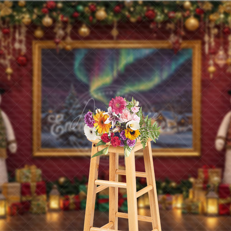 Aperturee - Aperturee Christmas Snowman with Northern Lights Photography Backdrop Elegant Red Wall Holiday Mini Session Background