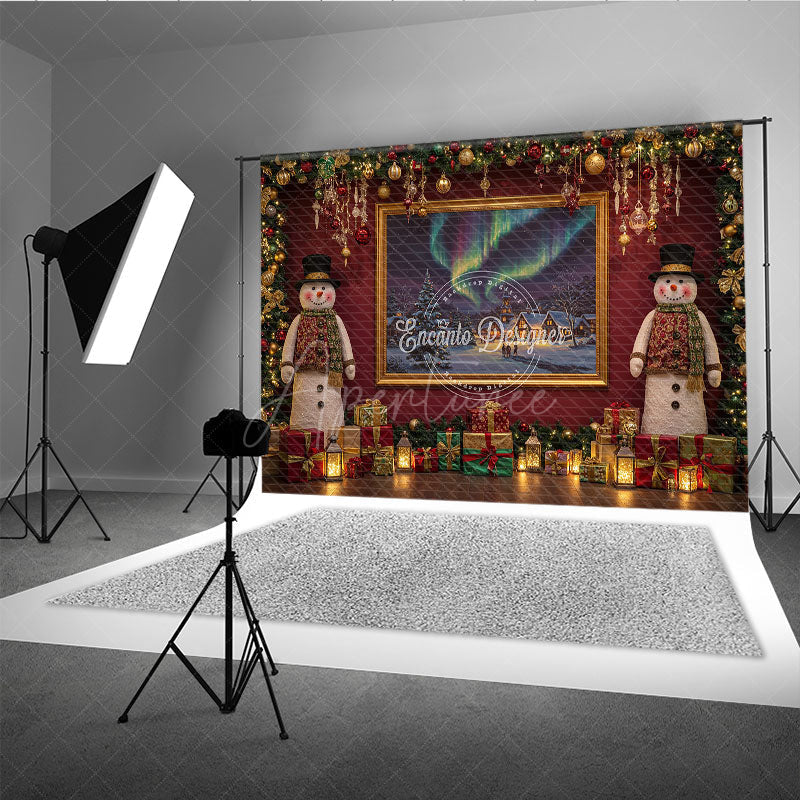Aperturee - Aperturee Christmas Snowman with Northern Lights Photography Backdrop Elegant Red Wall Holiday Mini Session Background
