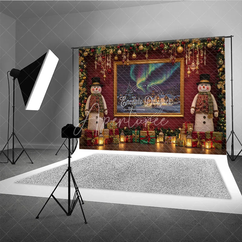Aperturee - Aperturee Christmas Snowman with Northern Lights Photography Backdrop Elegant Red Wall Holiday Mini Session Background