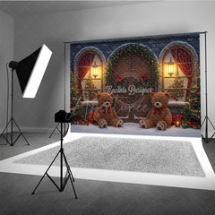 Aperturee - Aperturee Christmas Stone House Photography Backdrop Rustic Arched Door with Teddy Bears Snowy Holiday Photo Background