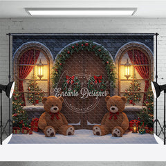 Aperturee - Aperturee Christmas Stone House Photography Backdrop Rustic Arched Door with Teddy Bears Snowy Holiday Photo Background