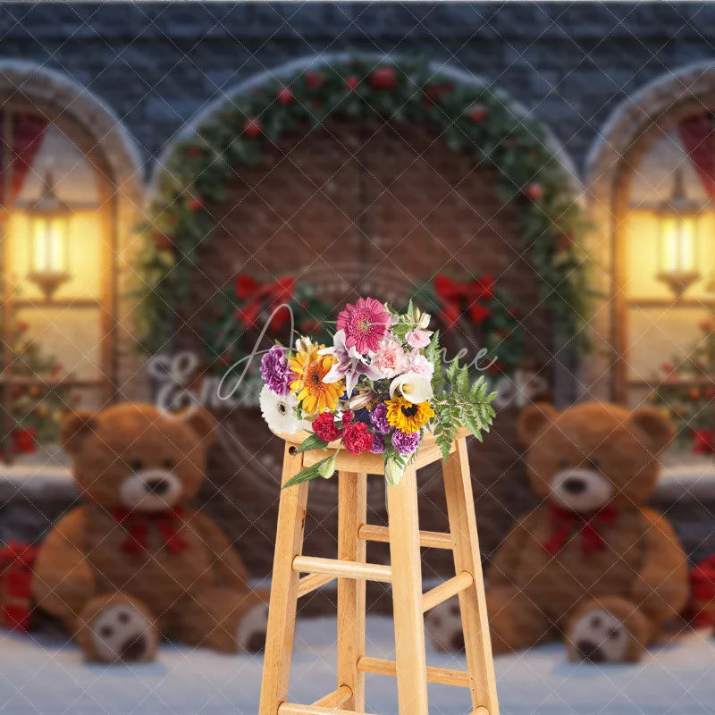 Aperturee - Aperturee Christmas Stone House Photography Backdrop Rustic Arched Door with Teddy Bears Snowy Holiday Photo Background