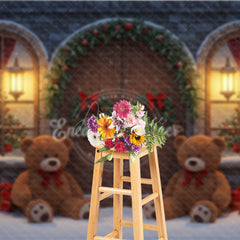 Aperturee - Aperturee Christmas Stone House Photography Backdrop Rustic Arched Door with Teddy Bears Snowy Holiday Photo Background