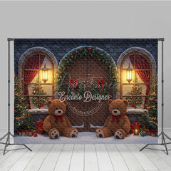 Aperturee - Aperturee Christmas Stone House Photography Backdrop Rustic Arched Door with Teddy Bears Snowy Holiday Photo Background